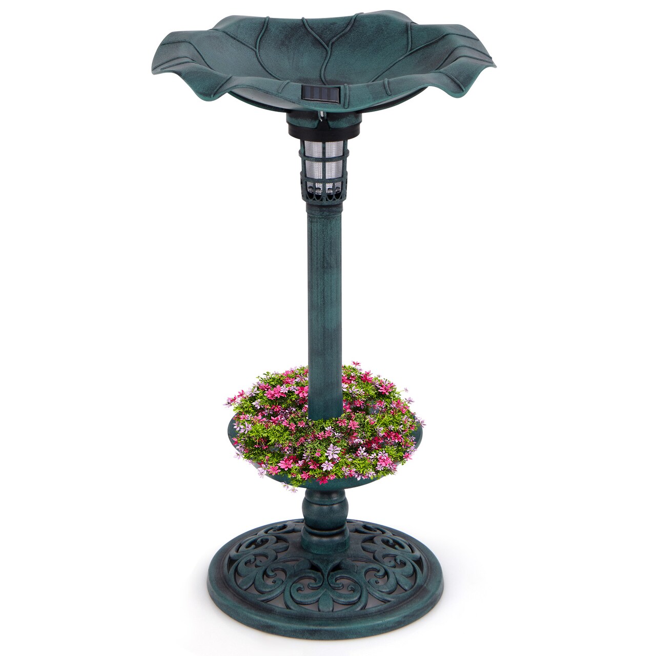 Solar Bird Bath with Lotus Leaf Bowl, Planter and Weatherproof Lamp